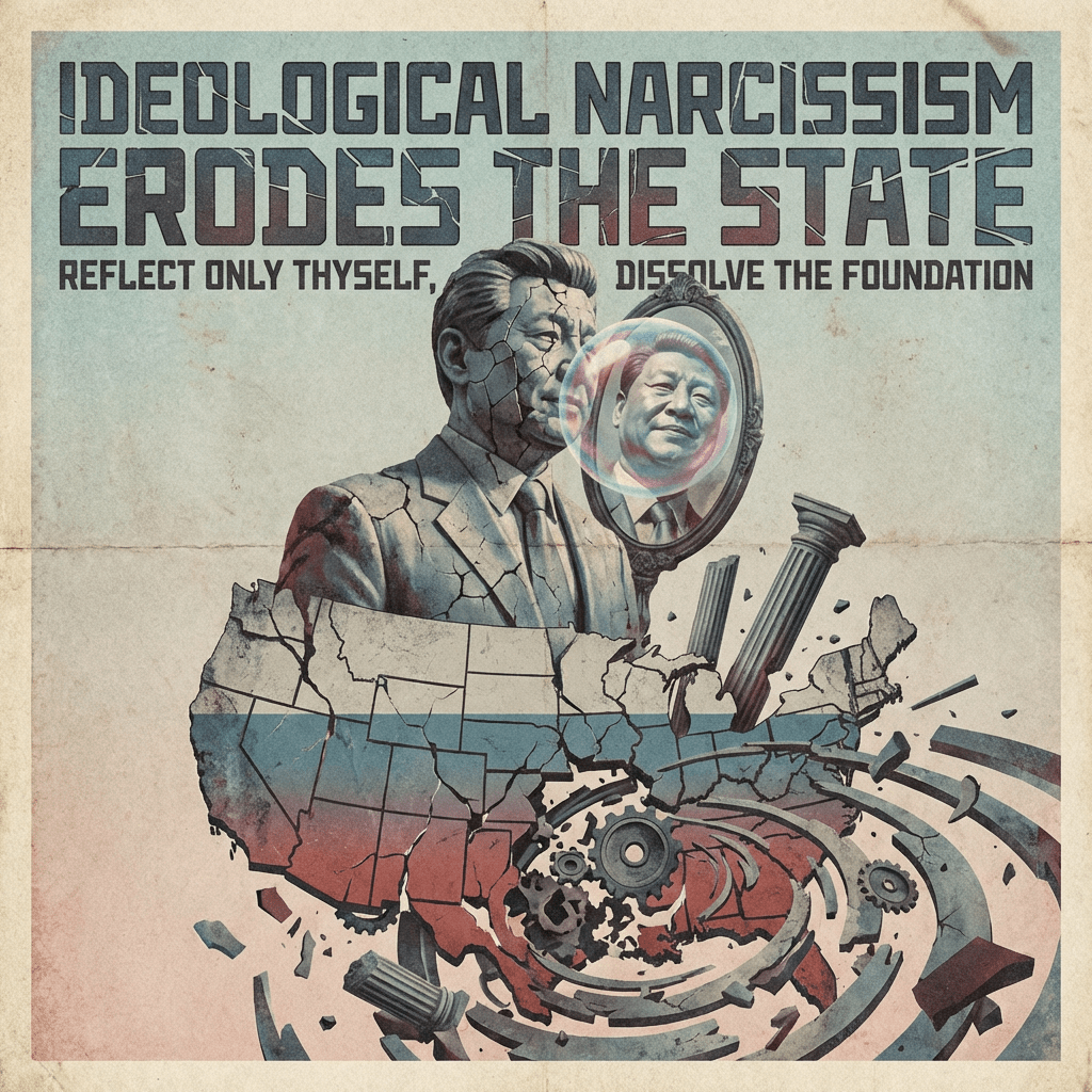 Cracked statue of a man looking into a mirror reflecting another man's face, broken U.S. map with swirling gears and columns